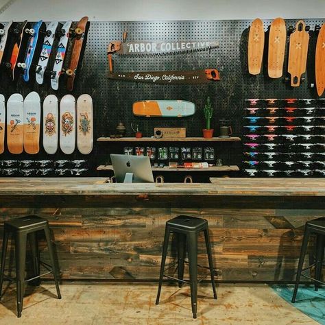 Skate Shop Design, Arbor Skateboards, Skateboard Room, Bicycle Room, Street Food Design, Surf Store, Cruiser Skateboard, Skate Store, Retail Space Design