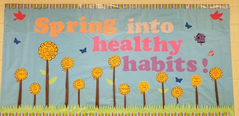 Adapt new habits this spring Nurse Bulletin Board Ideas, Cafeteria Bulletin Boards, Pe Bulletin Boards, Resident Assistant Bulletin Boards, Nurse Bulletin Board, Health Bulletin Boards, Office Bulletin Boards, School Nurse Office, Work Bulletin Boards