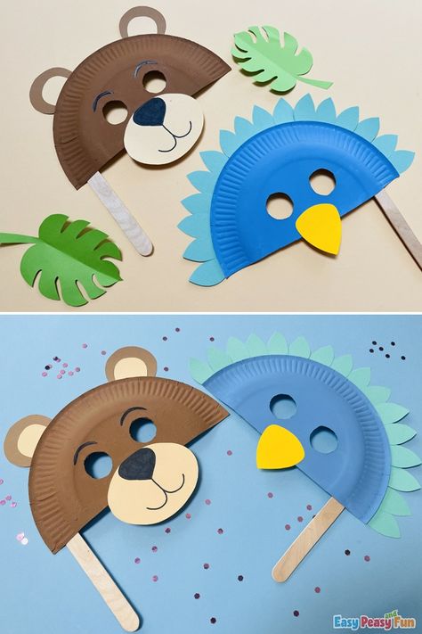 How to Make Paper Plate Masks - Easy Peasy and Fun Paper Plate Masks, Animal Masks For Kids, Art Craft For Kids, Paper Plate Crafts For Kids, Toddler Arts And Crafts, Preschool Arts And Crafts, Preschool Art Activities, Animal Crafts For Kids, Paper Plate Crafts