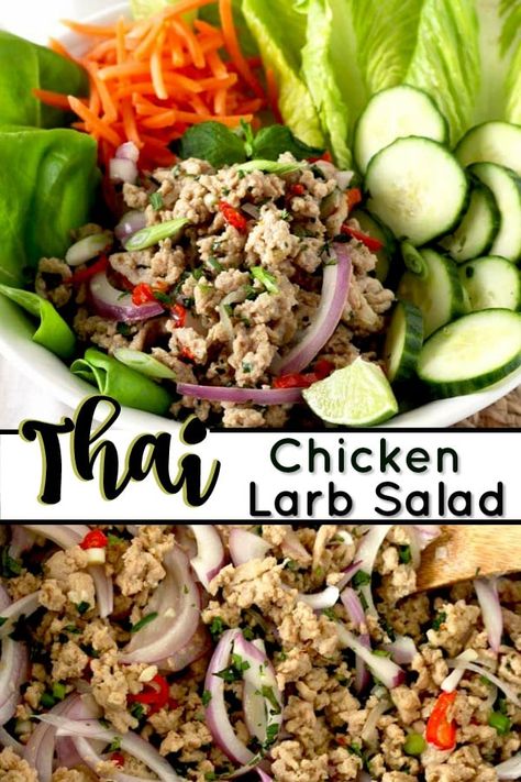 Thai Chicken Larb Recipe, Chicken Laab Thai, Larb Gai Recipe, Thai Larb Salad, Thai Chicken Larb, Thai Laab Recipe, Ground Turkey Larb, Pork Larb Recipes Thai, Larb Recipe Thai Authentic