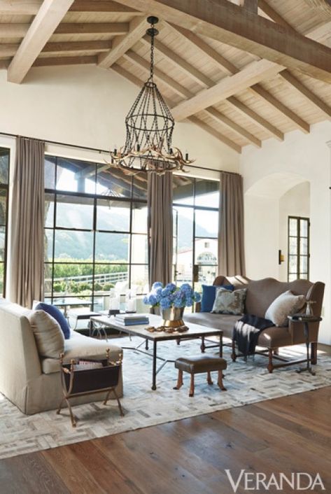 Gorgeous Brentwood Home by Windsor Smith in Veranda - Cindy Hattersley Design Horn Chandelier, Bedroom Magic, Ranch Makeover, Vineyard House, Wooden Ceiling Design, Modern Mediterranean, Tall Windows, Steel Windows, Tuscan House