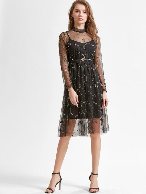 Shop Black Flower Embroidered Mesh Overlay Dress online. SheIn offers Black Flower Embroidered Mesh Overlay Dress & more to fit your fashionable needs. Overlay Dress Pattern, Mesh Overlay Dress Black, Glitter Homecoming Dress, Black Flower Dress, Long Sleeve Embroidered Dress, Net Embroidery, Embroidered Mesh Dress, Mesh Overlay Dress, Dresses By Pattern