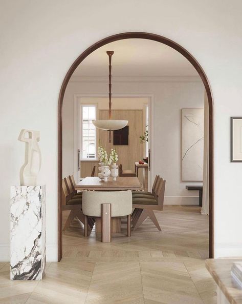 Arched Doorway dining room @thathomestudio Small Entryway Bench, Arch Entryway, Arch Doorway, Wood Arch, Arch Interior, Dining Room Combo, Arched Doors, Hus Inspiration, Formal Dining Room