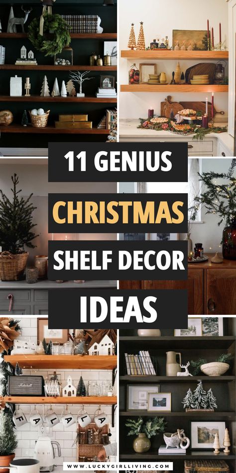 Decorating for Christmas can be daunting. There’s so many directions you could run or on the othr hand, you have no idea what you want. Here are 11 Christmas shelf decor ideas that are perfect for that holiday inspiration. #Christmas #shelf #decor #shelfdecor #inspo #holiday How To Decorate A Bookcase For Christmas, Floating Shelf Christmas Decor Living Room, Book Shelf Christmas Decor Ideas, Decorating A Shelf For Christmas, Simple Christmas Shelf Decor, Rustic Christmas Shelf Decor, Holiday Shelf Decor Living Room, Shelf Decor For Christmas, Christmas Bookcase Decorating Ideas