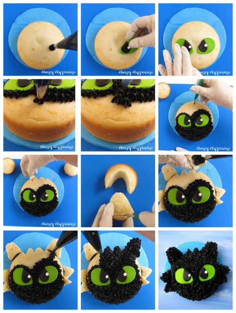 Learn how to make a simple Tootless Cake for your How To Train Your Dragon Party at HungryHappenings.com. #toothlesscake #howtotrainyourdragon #cakes Httyd Party, Toothless Party, Toothless Cake, Recipes Nutella, Toothless And Light Fury, Dragon Themed Birthday Party, Dragon Birthday Cakes, Dragon Cakes, Dragon Birthday Parties