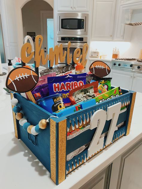 Football Boo Basket, Game Day Basket Football, Football Theme Gift Basket, Football Boxes Ideas, Football Senior Night Gifts Ideas, Fall Camp Basket Football Boyfriend, Senior Night Football Basket Ideas, Senior Night Basket Ideas Football, Fall Camp Basket Football