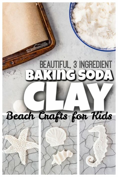 Baking Soda Sea Art, Baking Soda Corn Starch Dough, Crafts With Baking Soda, Flour Craft For Kids, Seaside Activities For Kids, Baking Soda Crafts, Seashell Projects For Kids, Corn Starch Crafts, Bake Clay Recipe