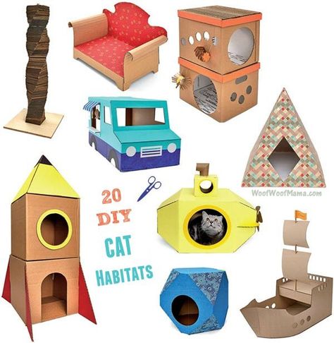 Looking for a great gift book for cat lovers or want to treat your own fancy feline to a new abode? Grab a copy of DIY Cat Castles: 20 Cardboard Habitats You Can Build Yourself and learn how to build homemade habitats with easy instructions and common materials. Shoeboxes and paper bags are fine for other cats. But your favorite felines deserve luxurious living spaces! This DIY construction guide includes fun and easy instructions for making cardboard trains, ships, food trucks, rockets, and... Katt Diy, Cat Habitat, Diy Karton, Kat Diy, Cardboard Cat House, Cat Castle, Cat Houses, Cat House Diy, Diy Cat Toys