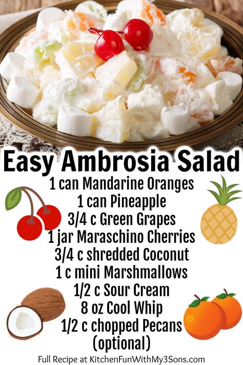 Best Ambrosia Salad, Easy Ambrosia Salad, Caramel Apple Salad, Pizza Fruit, Ambrosia Recipe, Ambrosia Fruit Salad, Easy Fruit Salad Recipes, Creamy Fruit Salads, Best Fruit Salad