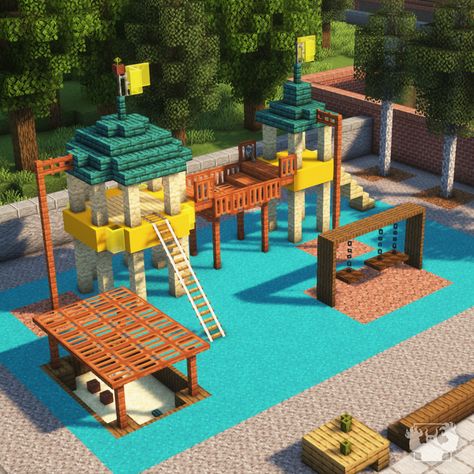 🤔 What would you add to this playground? We built this one for a small city project :) ⠀⠀⠀⠀⠀⠀⠀⠀⠀⠀ ✨ Follow @pixelbiesterofficial for… | Instagram Minecraft Building Ideas Playground, Mincraft Idea Playground, Buildings To Make In Minecraft, Minecraft Adoption Center, Minecraft Daycare Ideas, Small Building Ideas Minecraft, Mincraft Village Builds, Cute Outdoor Minecraft Ideas, Minecraft Cat Playground