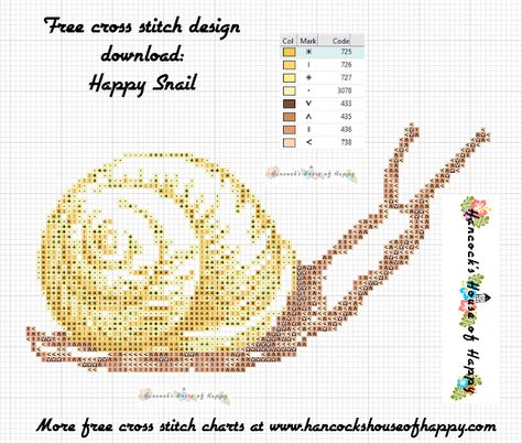 Snail Cross Stitch, Cross Stitch Pattern Free, Free Cross Stitch Designs, Free Cross Stitch Charts, Animal Cross Stitch Patterns, Hand Embroidery Tutorial, Cross Stitch Patterns Free, Free Cross Stitch, Cross Designs