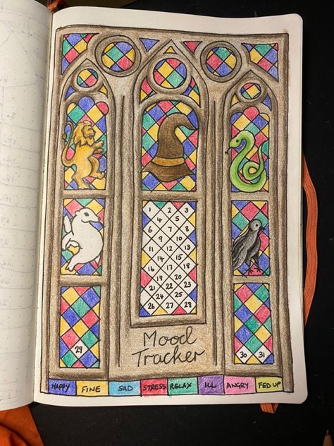 Harry Potter Themed Bullet Journal Harry Potter Bujo Theme, Bullet Journal Harry Potter Theme, Harry Potter Bullet Journal Ideas, Harry Potter Bullet Journal, Bullet Journal Mood, Harry Potter Theme, Planner Ideas, Mood Tracker, Bullet Journals