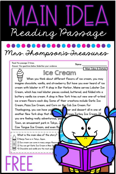 Ice Cream Reading Comprehension, Main Idea Worksheet 3rd Grade, Main Idea 2nd Grade, 3rd Grade Reading Comprehension Free, Finding Main Idea, Main Idea Third Grade, Reading Comprehension Passages Free, Nonfiction Main Idea, Reading Main Idea