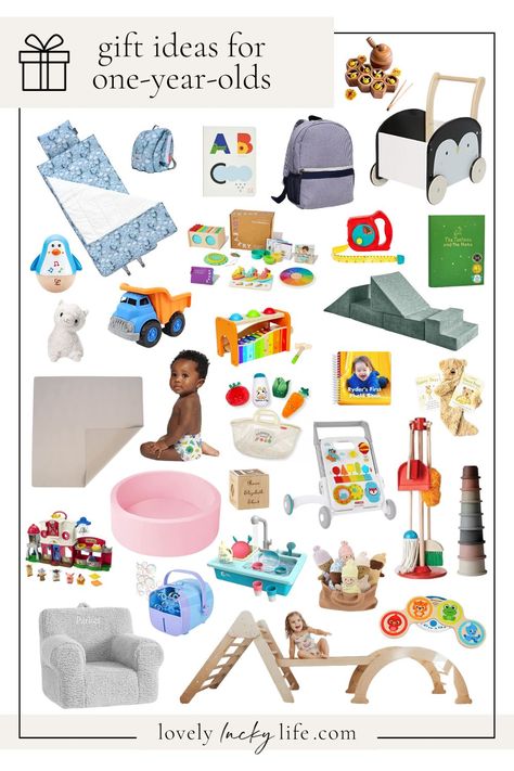 Looking for gifts for one-year-olds? I’ve got you! This list of one-year-old gifts is perfect for babies in the year-old range – not infants, maybe walking-ish but not quite a toddler – I chose these gifts for one-year-olds to grow with them. Whether you’re shopping for baby’s first birthday or for a one-year-old’s Christmas gifts, below are 30 ideas your one-year-old daughter or son will love! Two Year Old Christmas Gifts, One Year Old Christmas Gifts, One Year Old Gift Ideas, Baby Activities 1 Year, Handmade Gifts For Boyfriend, Baby Gift Guide, Sensory Book, Christmas Guide, Old Christmas