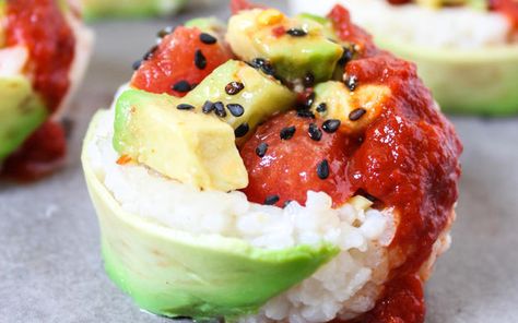 <p>These sushi cups are guaranteed to impress whomever you set them in front of. The sushi rice is tangy, sticky, and filled avocados and a faux ahi that is better than the real thing. T</p> Sushi Cups, Edible Cups, Vegan Detox, Vegan Sushi, Sushi Recipes, Sushi Rice, Vegan Pumpkin, Baked Pumpkin, Portobello