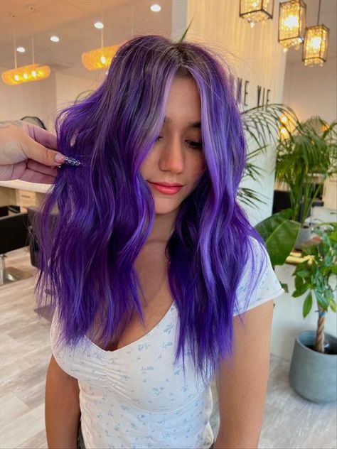 Bright Purple Hair Color, Deep Violet Hair, Rose Gold And Purple, Bright Purple Hair, Timeless Hair, Color Block Hair, Vivid Hair, Trendy Bob, Split Dyed Hair