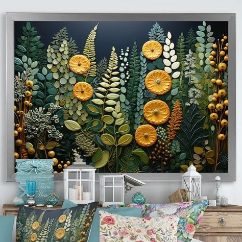 Designart "Yellow Ferns Plant Forest Tapestry" Floral Framed Wall Art Living Room - Bed Bath & Beyond - 39185139 Ferns Plant, Forest Tapestry, Interior Desig, Tapestry Wall Art, Fern Plant, Floral Tapestry, Tapestry Wall, Metal Art Prints, Unique Aesthetic