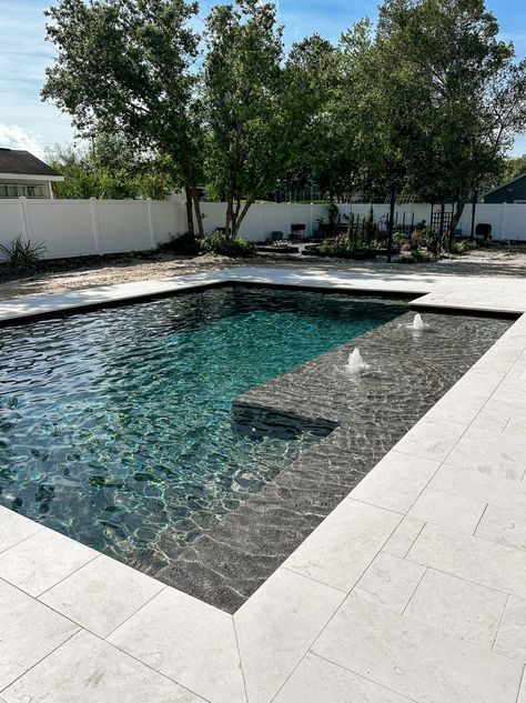 Our Custom In-Ground Pool Design - Within the Grove Black Bottom Pool Design, White Tile Waterline Pool, Pool Patio Pavers Landscaping Ideas, Modern Pool Colors, 12x25 Pool, Slate Pool Deck, Black Fiberglass Pool, 20x40 Pool Ideas, Pool Interior Colors