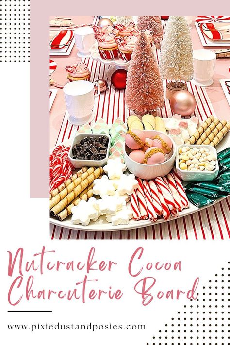 Fill your guests' cups with Christmas cheer with this Nutcracker hot cocoa charcuterie board! It's filled with delicious hot cocoa add ins including peppermints, chocolates, marshmallows, and yummy Sugar Plum Fairy hot cocoa bombs. Get the recipe on our blog. Cocoa Charcuterie Board, Hot Cocoa Charcuterie Board, Dinner Boards, Cocoa Board, Pirouette Cookies, Nutcracker Christmas Party, Nutcracker Ballerina, Dance Christmas, Milano Cookies