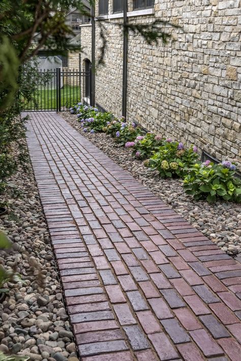 Brick Sidewalk, Brick Paver Patio, Backyard Walkway, Walkway Landscaping, Side Yard Landscaping, Brick Path, Brick Walkway, Outdoor Walkway, Pathway Landscaping