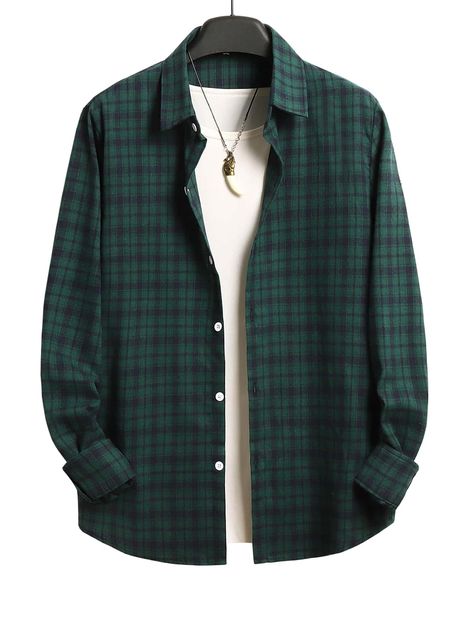 Green Preppy  Long Sleeve Cotton Plaid Shirt Embellished Non-Stretch Spring/Fall Men Tops Look Casual Otoño, Guys Fashion Casual, Plaid Print Shirt, European Casual, Green Plaid Shirt, Shirt Outfit Men, Cotton Plaid Shirt, Plaid Shirt Men, Men Stylish Dress