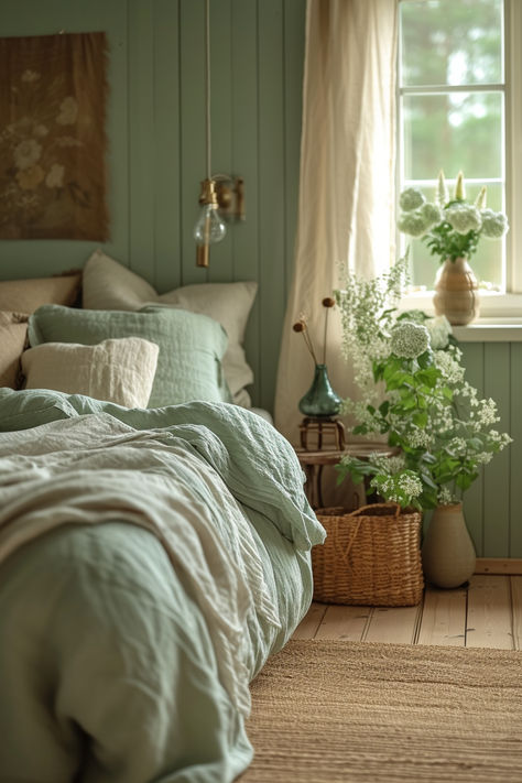 green bedroom, modern organic bedroom, organic bedroom, sustainable bedroom, sustainable interior design Cottage Core Color Palette, Bedroom Ideas Cottagecore, Color Palette Wood, Cottage Core Bedroom Ideas, Light Green Rooms, Sustainable Home Design, Interior Design Green, Cottage Core Bedroom, Cottage House Interior