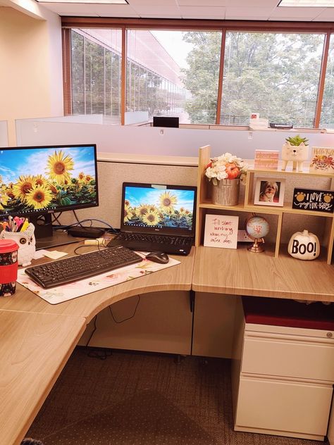 Fall Work Cubicle Decor, Chic Cubicle Decor Work Desk, Office Desk Ideas At Work Cubicles, Work Cubical Decor, Cubicle Fall Decorations, Dark Cubicle Decor, Corporate Cubicle Decor, Cute Cubical Ideas, Cubicle Decorating Ideas For Work