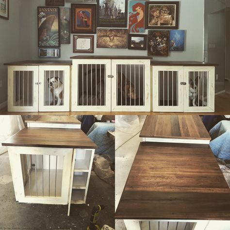 We just finished and delivered this 11' long dog crate console with hidden storage compartments. Used white heavy duty laminate on all the insides for ease of cleaning. All solid wood construction and a reclaimed poplar top. #jessbuilds Hidden Dog Crate, Crate Desk, Kennel Furniture, Dog Boredom, Heavy Duty Dog Crate, Diy Dog Crate, Dog Kennel Furniture, Diy Dog Kennel, Pallet Storage