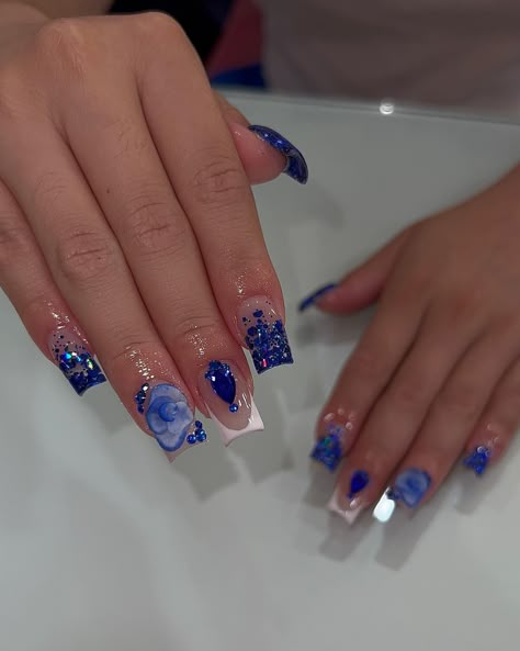 Short royal blue set🤩 • • @shopcheyennesnails DC: ZAIRA10 •cashmere cover acrylic •sapphire glitter acrylic •pure white gel… | Instagram Nails Royal Blue Short, Royal Blue And White Nails For Prom, Nails To Go With Royal Blue Prom Dress, Navy Blue Prom Nails Acrylic Short, Short Acrylic Nails Navy Blue, Royal Blue Prom Nails Acrylic Short, Royal Blue Quince Nails Short, Blue Nails With Design Short, Nail Designs Blue Short