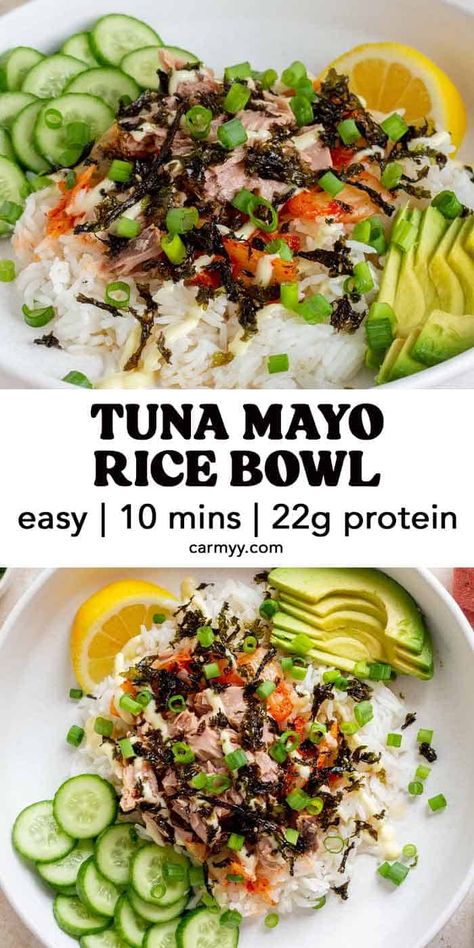 This tuna mayo rice bowl is an easy recipe that comes together quickly with pantry staples. Full of delicious savory flavor, this tuna bowl is so satisfying and is perfect for quick lunches or busy weeknights. Easy Tuna Bowl, Tuna Meal Prep, Tuna Mayo Rice, Tuna Rice Bowl, Tuna And Rice, Tuna Bowl, Staple Recipes, Tuna Rice, Tuna Mayo