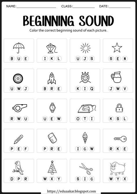 Worksheet For Phonic Sounds, At Sound Worksheet, Missing Beginning Sound Worksheet, Sound Out Words Kindergarten, Phonics Worksheets For Nursery, Beginning And Ending Sounds Worksheets, Begining Sound Phonics Worksheets, Kindergarten Sound Activities, Alphabet Sounds Worksheets