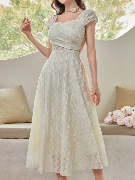 Apricot Casual Collar Cap Sleeve Fabric Plain A Line Embellished Slight Stretch  Women Clothing Creme Dress Outfit, Creme Dress, Dress Outfit Winter, Pleated Sleeves, Evening Gowns Elegant, Neckline Designs, Summer Chic, Classy Chic, Chic Dress