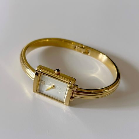 SOLD** Yves Saint Laurent Gold Bangle Watch will be available today at 5pm pacific time! Bangle Watches Women, Wristwatch Aesthetic, Yves Saint Laurant, Gold Bangle Watch, Watch For Girls, Beauty Table, Aesthetic Accessories, Vintage Watches Women, Accesories Jewelry