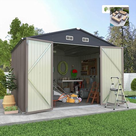 The Patiowell 10 x 8 FT Outdoor Storage Shed is the perfect solution for keeping your yard tidy and organized. With its extra-large storage space, you can easily store all of your tools, outdoor furniture, and other belongings. The sturdy construction makes it weather-resistant and durable, so you can rest assured that your belongings will be safe and secure. And the beautiful design means that it can be easily integrated with your garden, creating a seamless and stylish look. Yard Sheds, Outdoor Storage Shed, Metal Storage Sheds, Shed Doors, We Shed, Metal Shed, Outdoor Sheds, Lawn Maintenance, Aluminum Patio