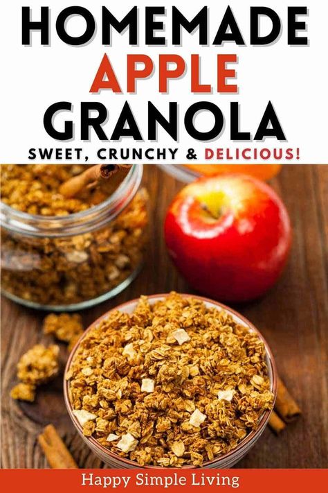 Homemade apple granola is full of delicious ingredients like rolled oats, dried apples, almonds, wheat germ, and honey. It bakes in the oven in just 20 minutes, and you can add other ingredients to suit your tastebuds. Save money and make your own granola! Apple Granola Recipe, Apple Granola, Apple Crisp Dessert, Make Your Own Granola, Easy Granola Recipe, Dehydrated Apples, Easy Breakfast Casserole Recipes, Fall Recipes Pumpkin, Easy Granola