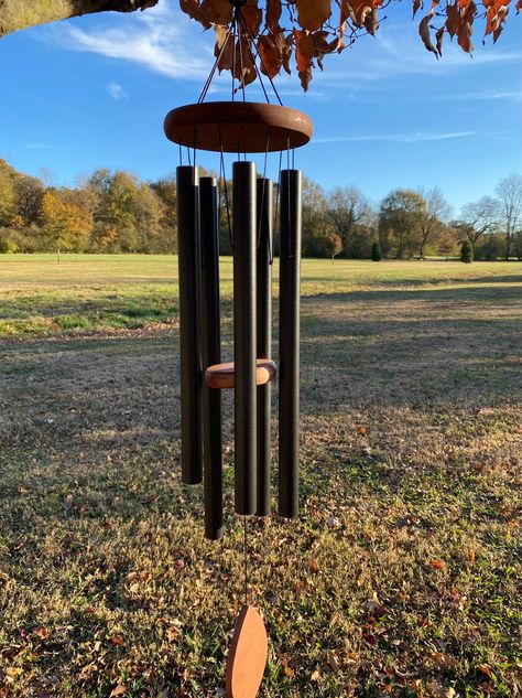 Joyous Windchimes, 37 Inch Deep Tone Wind Chime will bring soft harmonic tones to your outdoor areas. The Black Wind Chimes, weather-resistant, powder-coated finish will last for years to come. The sound can create a sense of peace and relaxation. Aluminum + Ash Wood + Nylon Rope. All of these materials are very durable and create a wind chime that is very strong and long lasting. Joyous Windchime Details: Overall Length: 37 Inches Number of Tubes: 5 Length of the longest tube: 19 Inches Width o Wind Chime Illustration, Home Made Wind Chimes, Wind Chimes Aesthetic, Wood Wind Chimes, Wind Chain, Deep Tone Wind Chimes, Metal Wind Chimes, Bell Sound, Sheet Music Art