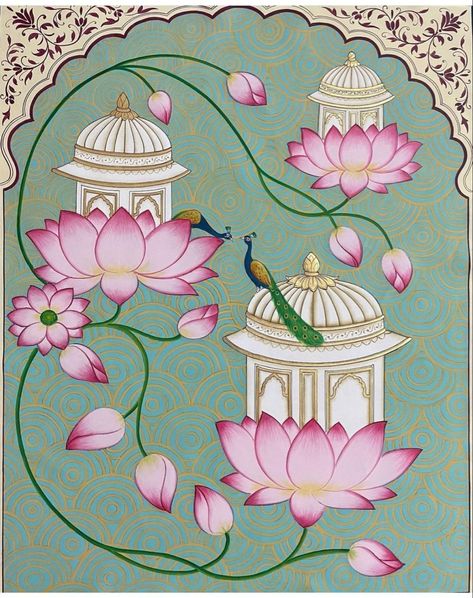 Kalamkari Lotus Painting, Pichvai Painting Lotus, Lotus Design Painting, Pichwai Paintings Canvas, Wall Painting Ideas Creative Interior, Indian Wall Art Painting, Pichwai Paintings Motifs Printable, Pichavai Painting, Pichwai Art Paintings Lotus