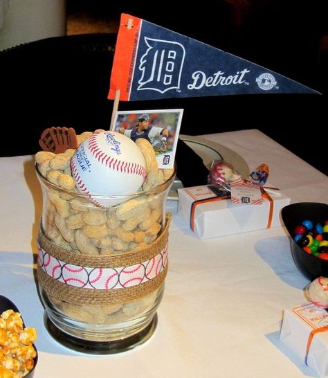 baseball themed centerpieces ideas | Baseball themed baby shower. Centerpieces. | Baby shower ideas for ... Baseball Baby Shower Centerpieces, Baseball Centerpieces, Baseball Centerpiece, Baseball Table, Sports Centerpieces, Themed Centerpieces, Baseball Theme Birthday, Baseball Baby Shower Theme, Ideas For Baby Shower