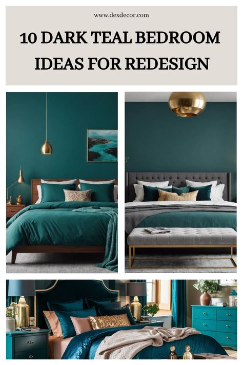 10 dark teal bedroom redesign ideas including plush bedding, accent pillows, and gold decor elements. Teal And Silver Bedroom Ideas, Bedroom Inspirations Teal And Grey, Teal Grey Bedroom Ideas, Teal And Gold Bedroom Decor, Teal And Navy Bedroom Ideas, Paint Drenching Bedroom, Teal Bedroom Walls Colour Schemes, Turquoise Accent Wall Bedroom, Dark Teal Bedroom Colour Schemes