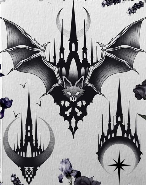 Bat Moon Tattoo, Gothic Moon Tattoo, Gothic Castle Tattoo, Spit Shading, Bat Tattoo Gothic, Gothic Sternum Tattoo, Illustrative Blackwork, Nature Tattoo Ideas, Gotik Tattoo