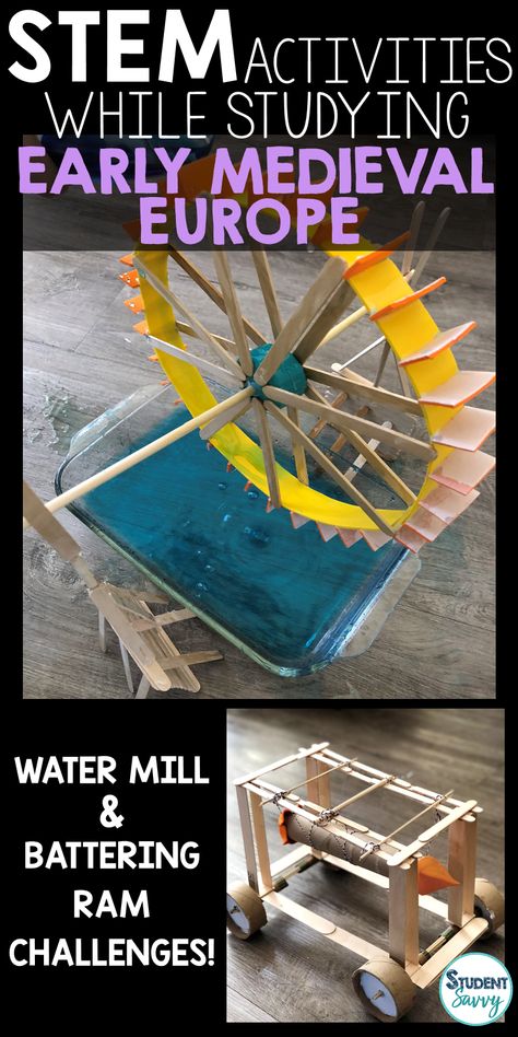 Hi teacher friends, I’ve been busy creating a series of STEM projects for students who are studying Medieval Times & Middle Ages.. Next stop, Early Medieval Europe!    Challenge 1: Water Mill Challenge!    During the Medieval Times landowners with access to running water, specifically small waterfalls on their property, could build a watermill Middle Ages Activities, Middle Ages History, 7th Grade Social Studies, 6th Grade Social Studies, Homeschool Social Studies, Medieval Europe, Early Medieval, Water Mill, History Activities