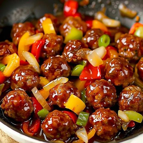 Sweet and Sour Meatballs Recipe Meatballs And Bell Peppers, Meatballs And Peppers Recipe, Best Sweet And Sour Meatballs, Sweet And Sour Meatballs And Rice, Meatball Sauce Recipes Sweet And Sour, Meatball Recipes Sweet And Sour, Recipes Using Sweet And Sour Sauce, Sweet Ans Sour Meatballs, Slow Cooker Sweet And Sour Meatballs