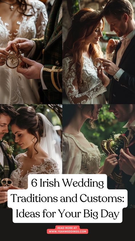 A stunning bride and groom in a traditional Irish wedding dress holding a Claddagh ring and a lucky horseshoe, with a backdrop of a heartfelt handfasting ceremony, symbolizing Irish wedding traditions and customs. Celtic Wedding Ceremony, Irish Handfasting Ceremony, Pagan Wedding Traditions, Celtic Wedding Ideas, Wedding Traditions Unique, Irish Wedding Toast, St Patricks Wedding, Traditional Irish Wedding, Shire Wedding