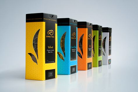 Great packaging. Love the transparent windows that showcase leaves as a symbol of nature. Asian, fang shui inspired. Black to reinforce exclusiveness and luxury. Dina Tea packaging. Luxury Tea Packaging, Tea Box Design, Paper Shape, Spices Packaging, Tea Packaging Design, Luxury Packaging Design, Fruit Packaging, Packaging Design Trends, Botol Air