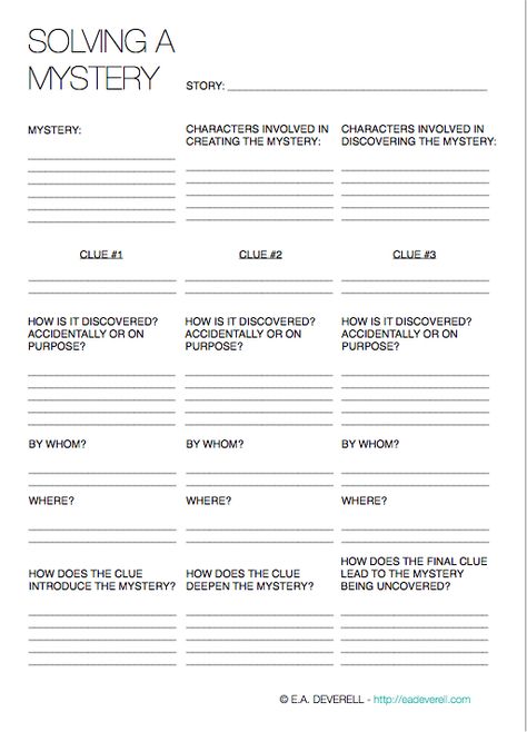 Writing Worksheet – Solving a Mystery (PDF) You can use this worksheet to: Brainstorm solutions to a mystery that your story/character/life has graced you with. Work backwards from clues that interest you to develop a mystery. Draw up an overview of your mystery so that you can be sure that all your clues aren’t discovered… Story Development Worksheet, Plot Development Worksheet, Mystery Story Outline, Highschool Story Ideas, Mystery Book Ideas, Mystery Story Prompts, Mystery Drawing, Creative Writing Worksheets, Menulis Novel