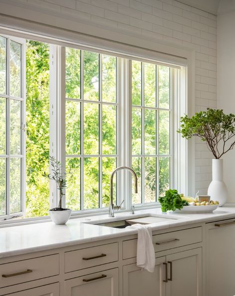 Window Trim Kitchen Sink, French Windows Kitchen, Kitchen Window Flush With Counter, Kitchen Cased Opening, Vaulted Ceiling Kitchen Windows, Shelf In Front Of Kitchen Window, Large Kitchen Sink Window, Kitchen Casement Windows Over Sink, Bay Window Outside View