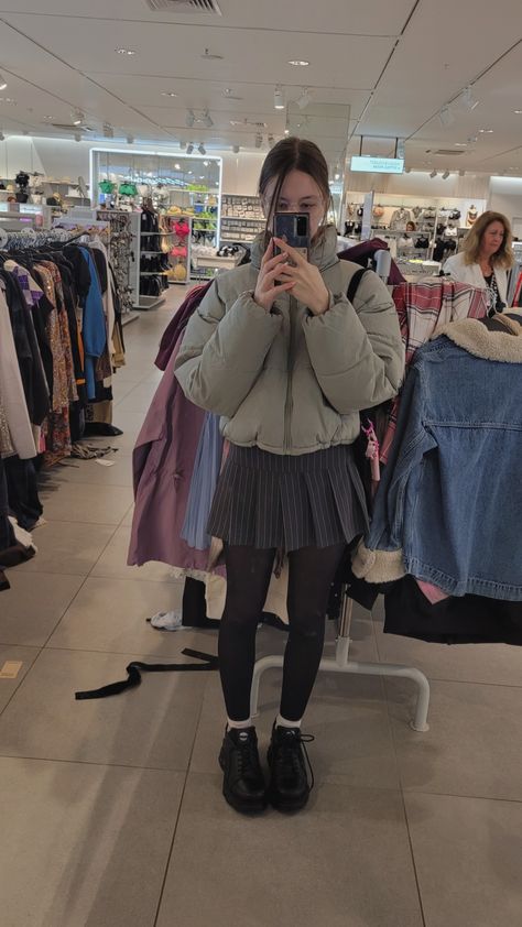 Pinstriped Skirt Outfit, Puffer Jacket And Skirt Outfit, Buffalo Shoes Aesthetic, Puffer Jacket With Skirt, Skirt And Puffer Jacket, Pinstripe Skirt Outfit, Outfit Inspirations Grunge, Puffer Jacket Outfit Aesthetic, Rockstar Gf Aesthetic