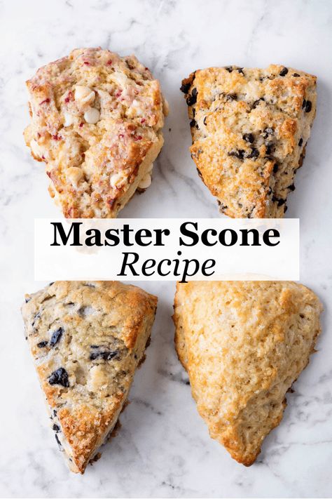 Make tall, buttery, flaky scones like a pro in just 10 minutes of active prep time with my tried and true scones recipe. Now you can make moist, flavorful scones with your choice of add-ins that rival your local bakery. Keep reading for all my add-in ideas, tips, and tricks for scone perfection! Cake Like Scones, Handle The Heat Scones, Jiffy Baking Mix Scones, Healthier Scone Recipe, Scone Cream Recipe, Biscuit Flavor Ideas, Master Scone Recipe, Buckwheat Scones Recipe, Super Moist Scones