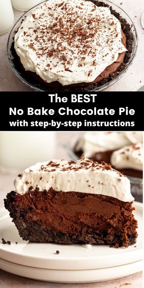 This no bake chocolate pie is made with an oreo cookie crust, topped with a rich chocolate filling that is made with both dark chocolate and cocoa powder, and topped with plenty of freshly made whipped cream. Dark Chocolate Pudding Pie, No Bake Chocolate Cheesecake Pie, Oreo Cookie Crust Desserts, No Bake Pies Cream Cheese, Chocolate Pie Crust Desserts, Chocolate Pie Crust Recipe, No Bake Crust, Chocolate Cream Cheese Pie, No Bake Chocolate Cream Pie