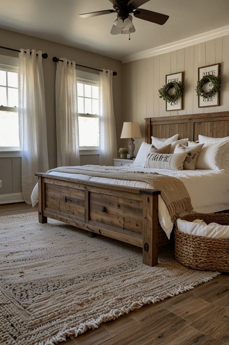 Plaid Room Ideas, Bedroom With Brown Floor, Country Style Room Ideas Bedroom, Farmhouse Bedroom Dark Furniture, Shiplap Wall In Bedroom, Wood Wall In Bedroom, Southern Master Bedrooms Decor, Bedrooms Color Ideas, Mirror Over Bed Ideas